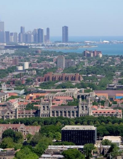 Aerial view of the Hyde Park campus and Lake Michigan looking northward to downtown Chicago